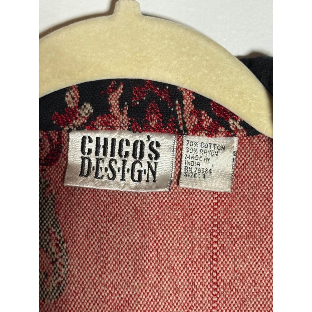 Chicos Design Black Red Ikat Embroidered Button Front Jacket Cotton Blend Size 1 - Picture 3 of 10